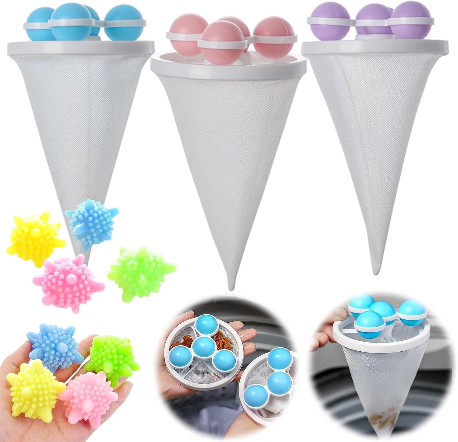 3/6Piece Symmetry Floating Hair Filtering Mesh Removal, 2024 New Reusable Washing Machine Hair Filter Cleaning Mesh Bag, Vogueegs Lint Catcher for Washing Machine (3Piece Mix)