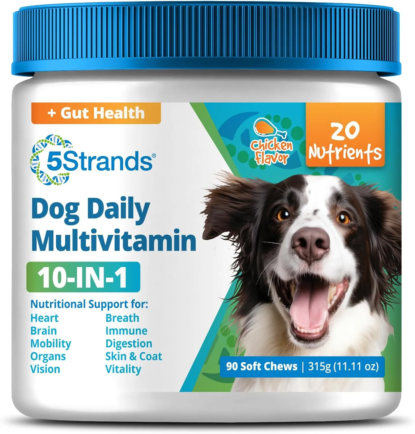 5Strands Dog Multivitamin Chews, 10-in-1, Vitamins & Postbiotics, All Ages & Breeds - Digestion, Brain, Organs, Heart, Mobility, Vision, Skin & Coat, Immune Health - Dog Supplement (Chicken, 90ct)