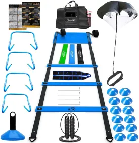 Agility Ladder 1 Agility Training Equipment 1 Resistance Parachute 4 Adjustable Hurdles 12 Disc Cones 1 Jump Rope 3 Resistance Band 1 Yoga Band Agility Speed Training Equipment for Youth&Adults