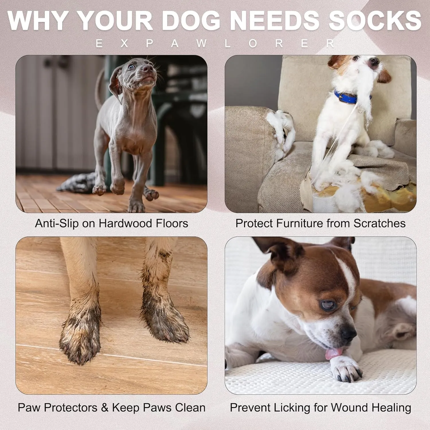 Anti Slip Dog Socks with Grippers for Hardwood Floors, Dog Shoes for Hot/Cold Pavement, Boots & Paws Protectors to Prevent Licking, Traction Booties for Senior Small Large Dogs