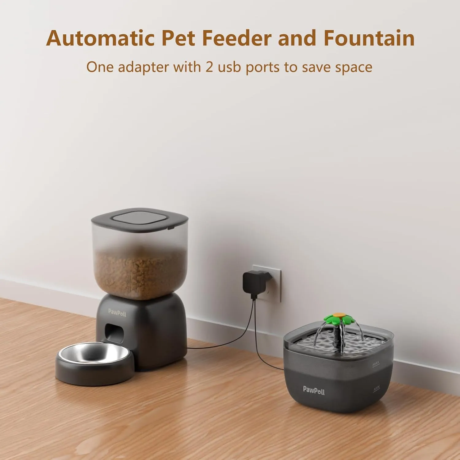 Automatic Cat Feeder and Water Dispenser - Timed Pet Dry Food Dispenser Programmable Portion Control Pet Feeder Dual Power Supply Cats Food Dispenser with Desiccant Bag