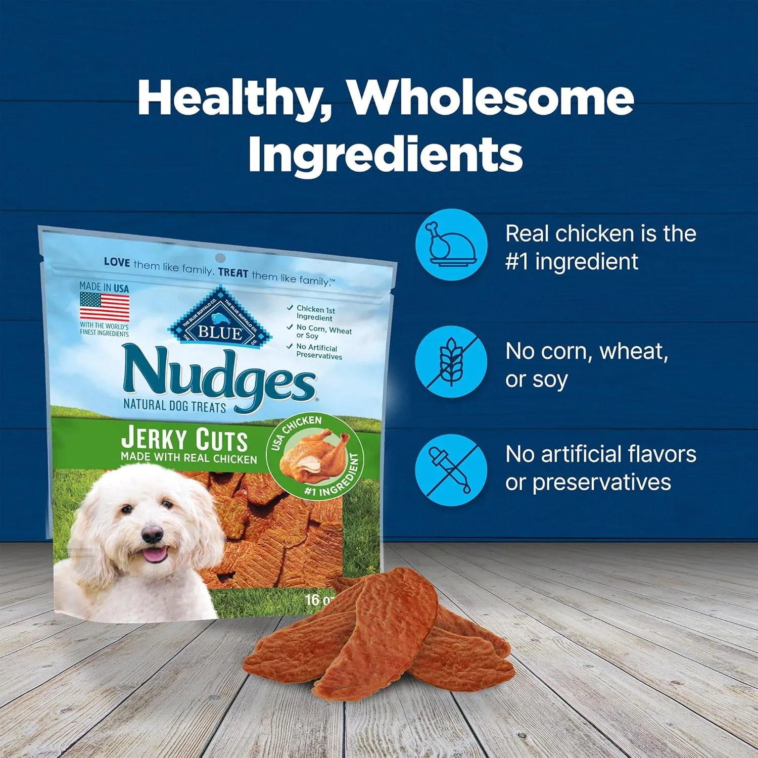 Blue Buffalo Nudges Jerky Bites Dog Treats, Made in the USA with Natural Ingredients, Bite-Sized Pieces, Chicken, 16-Oz Bag