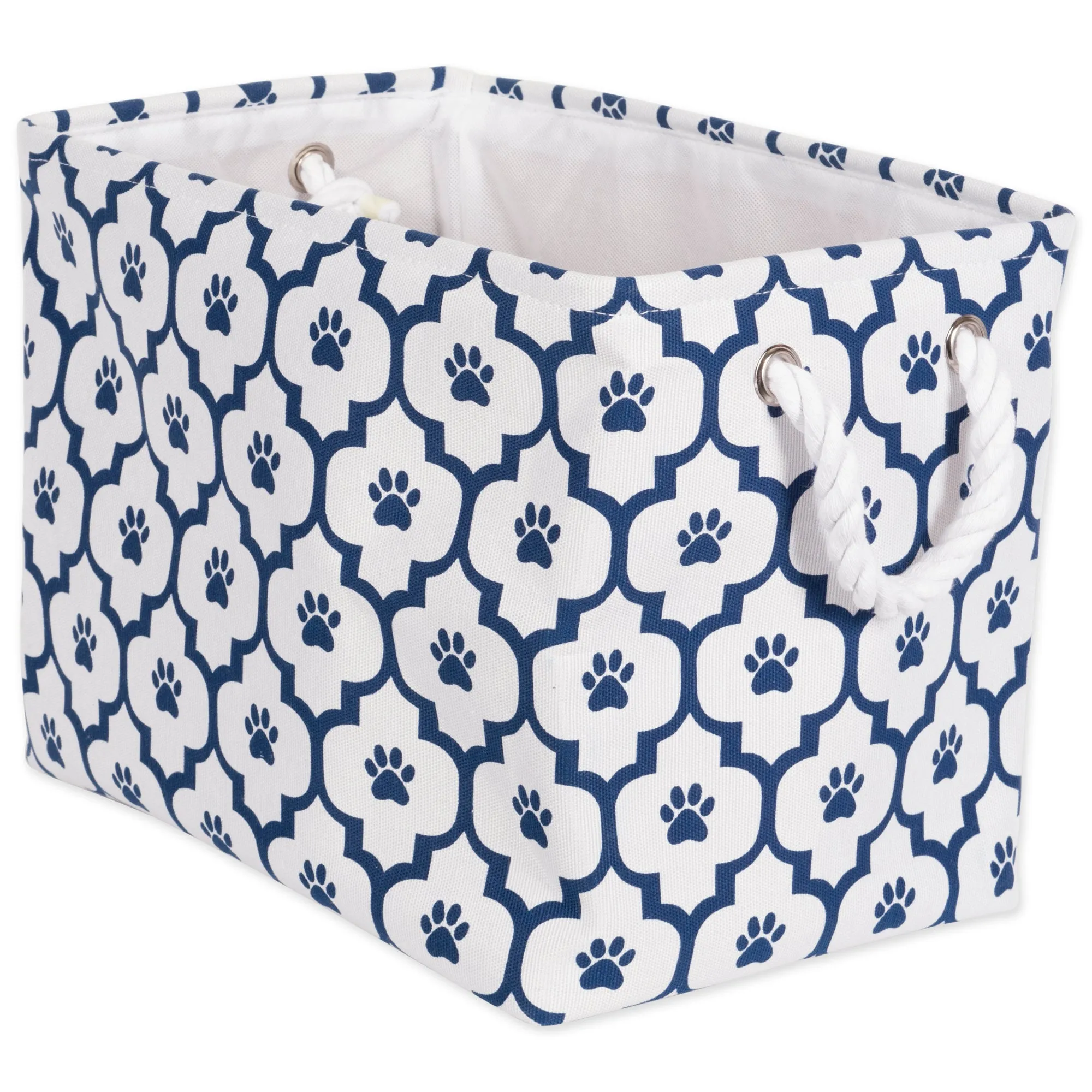 Bone Dry Pet Storage Bin, Lattice Paw Print, White/Navy, Small  -14x8x9"