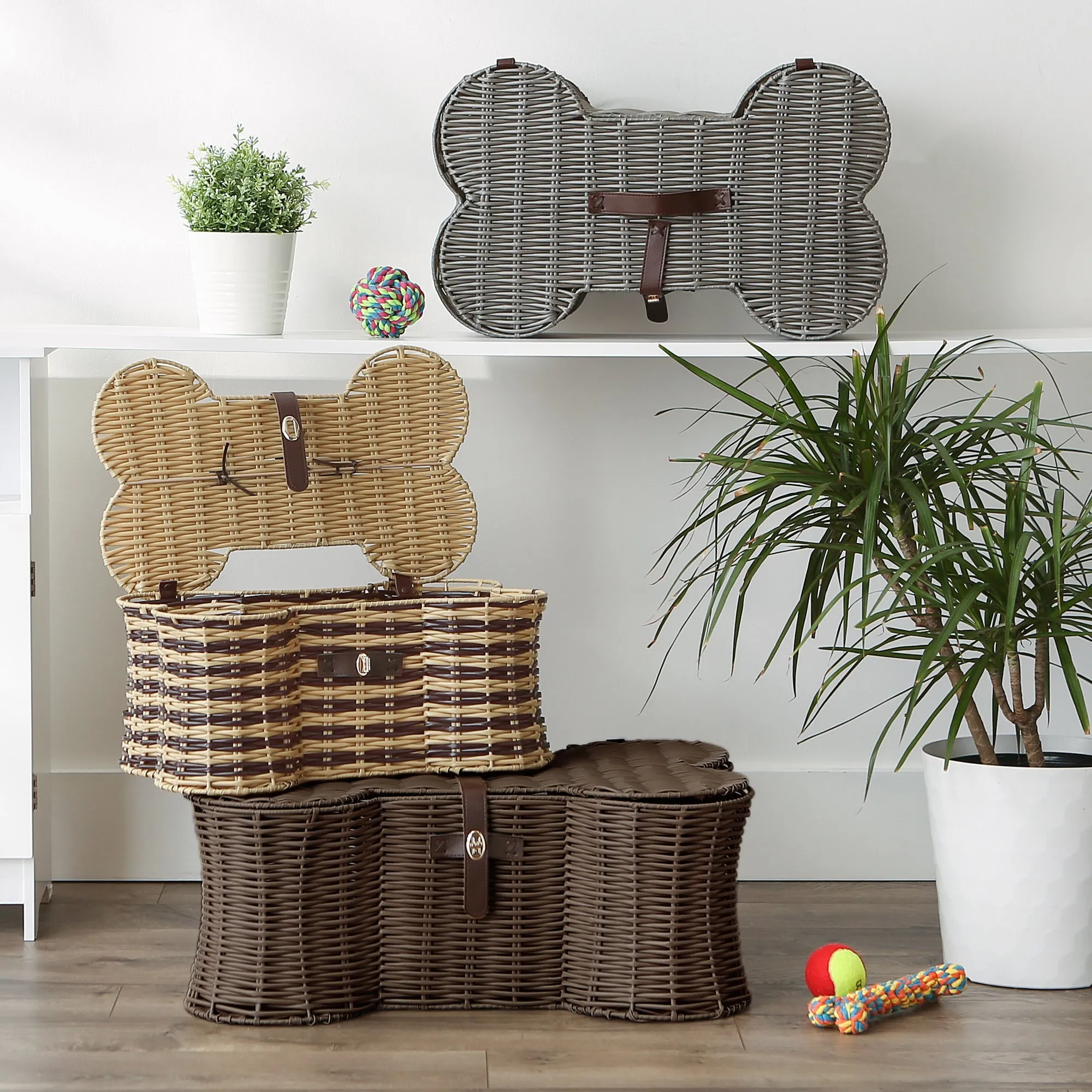 Bone Dry Pet Toy Storage Basket, Bone Shaped, Brown, Large - 24x15x9"