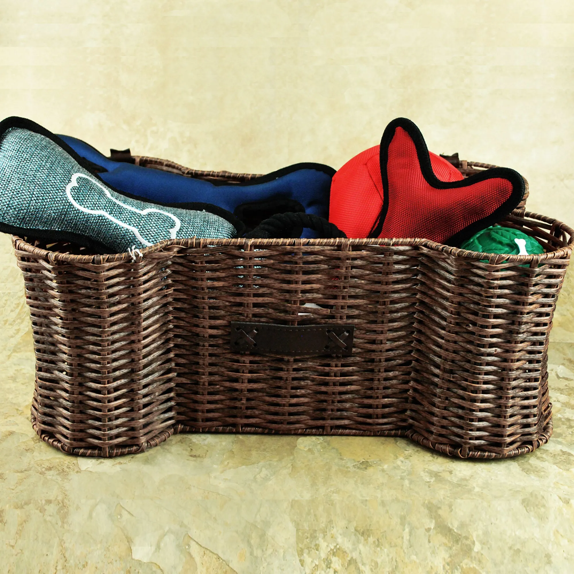 Bone Dry Pet Toy Storage Basket, Bone Shaped, Brown, Large - 24x15x9"