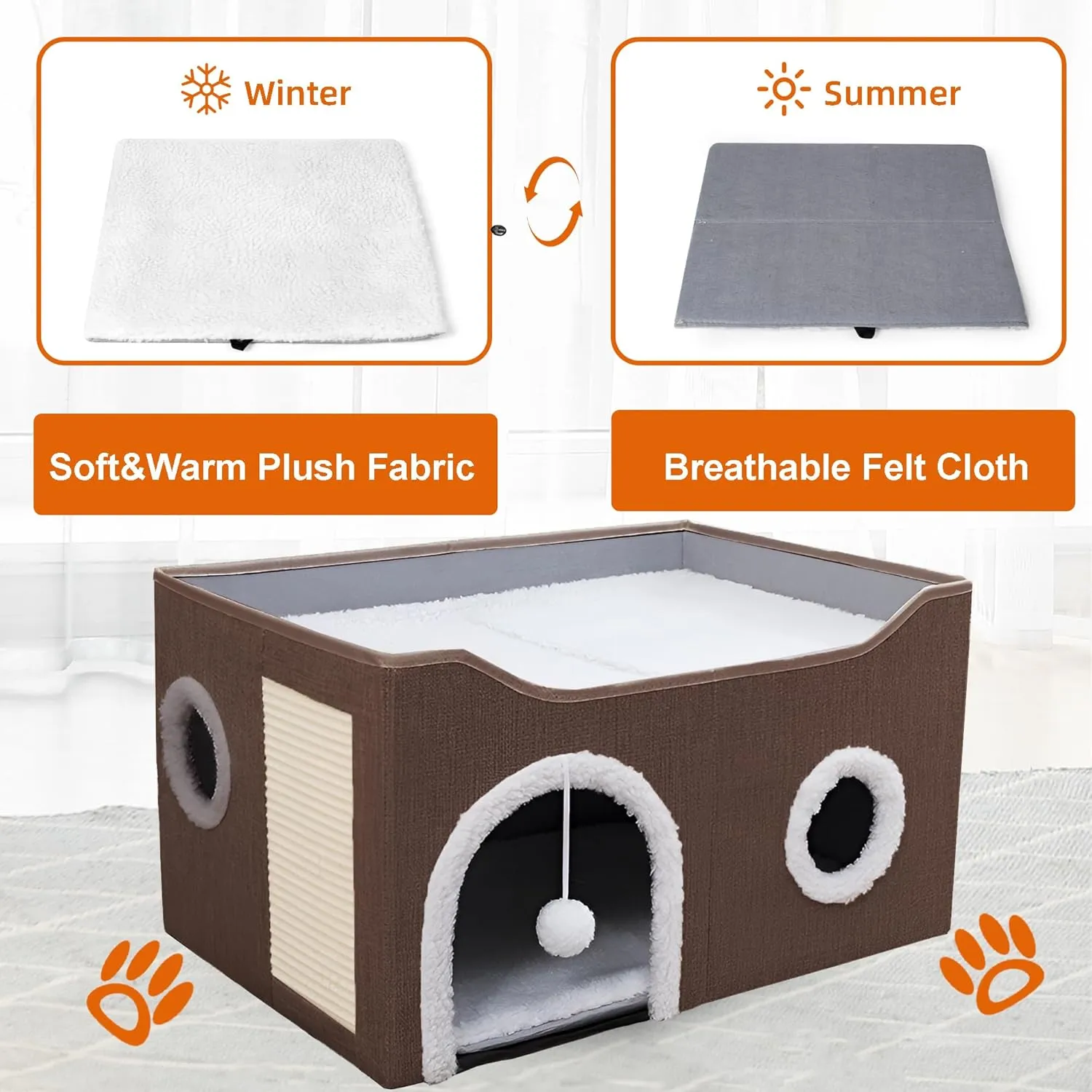 Cat Houses for Indoor Cats - Large Cat Bed Cave with Scratch Pad and Fluffy Ball, Foldable Cat Hideaway, Brown