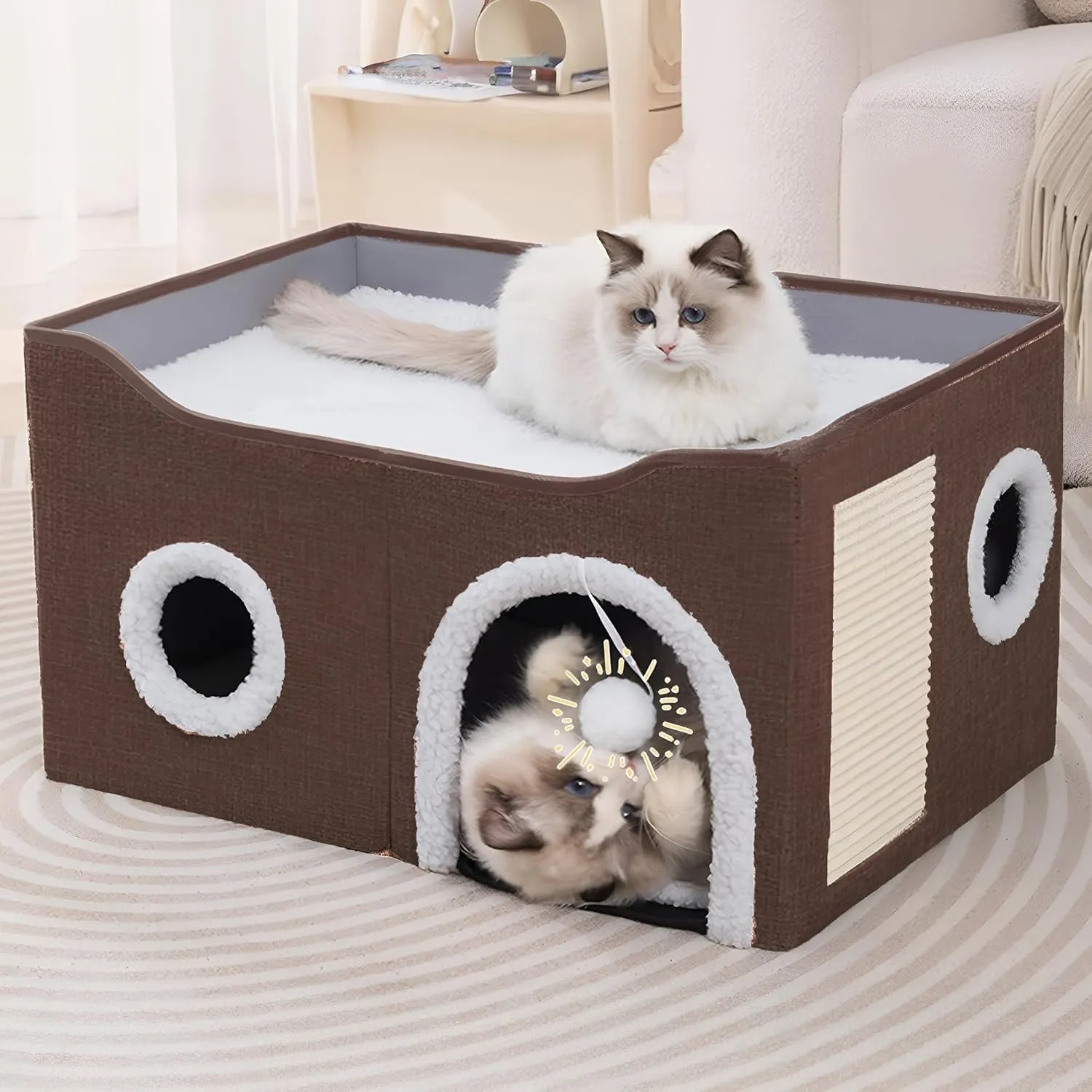 Cat Houses for Indoor Cats - Large Cat Bed Cave with Scratch Pad and Fluffy Ball, Foldable Cat Hideaway, Brown