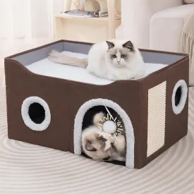 Cat Houses for Indoor Cats - Large Cat Bed Cave with Scratch Pad and Fluffy Ball, Foldable Cat Hideaway, Brown