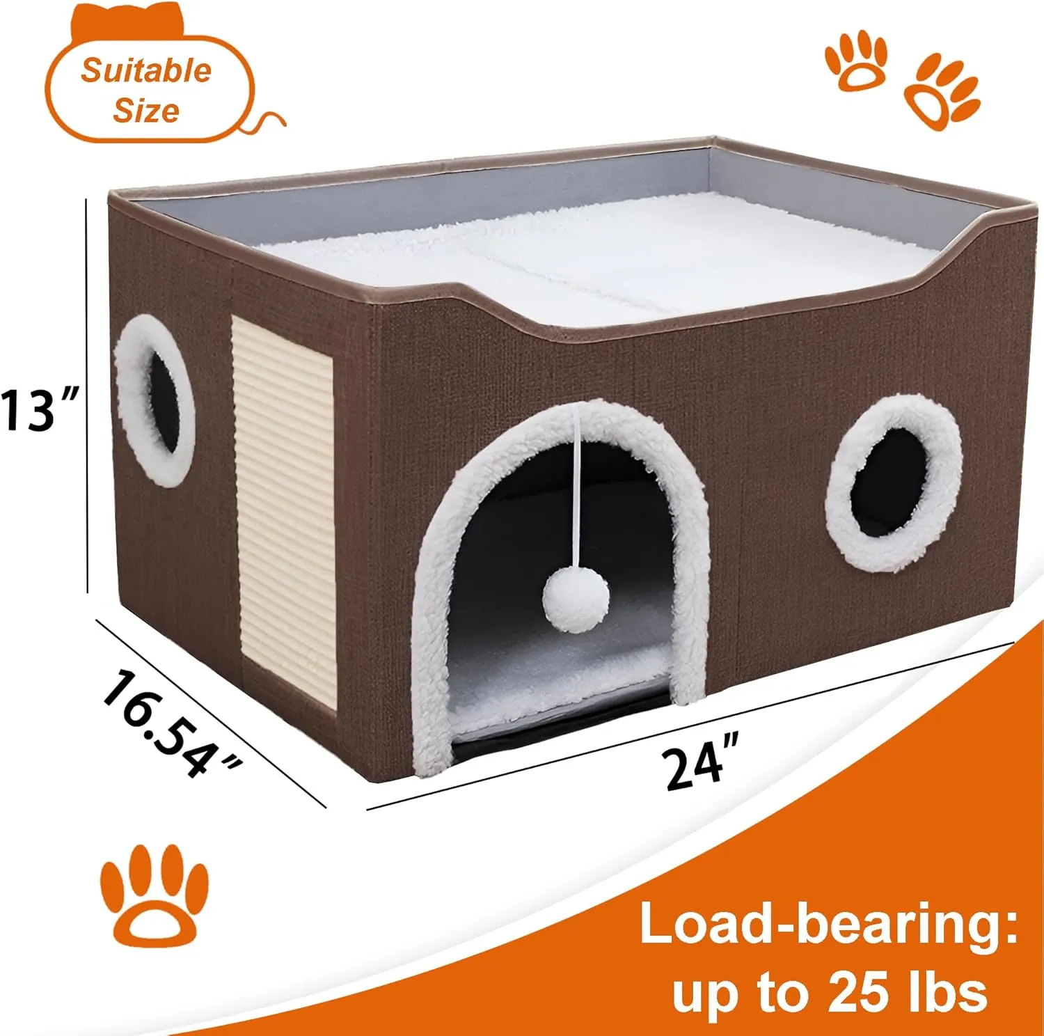 Cat Houses for Indoor Cats - Large Cat Bed Cave with Scratch Pad and Fluffy Ball, Foldable Cat Hideaway, Brown