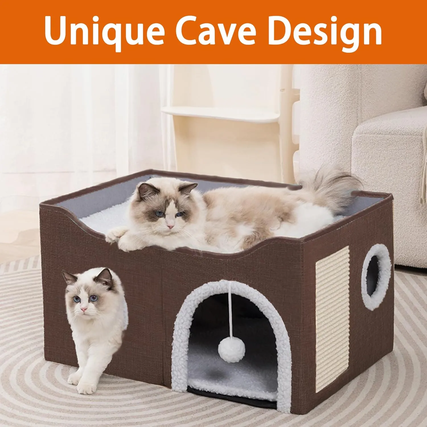 Cat Houses for Indoor Cats - Large Cat Bed Cave with Scratch Pad and Fluffy Ball, Foldable Cat Hideaway, Brown