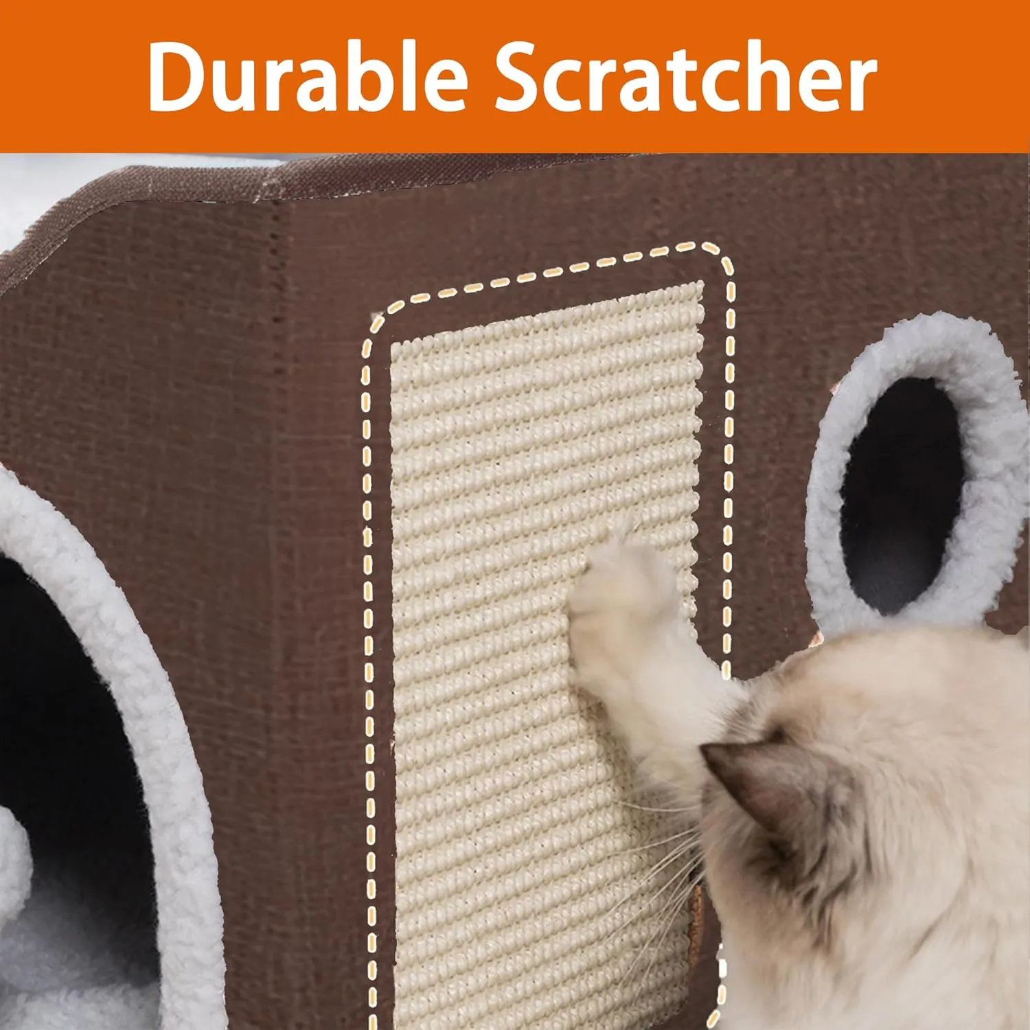 Cat Houses for Indoor Cats - Large Cat Bed Cave with Scratch Pad and Fluffy Ball, Foldable Cat Hideaway, Brown