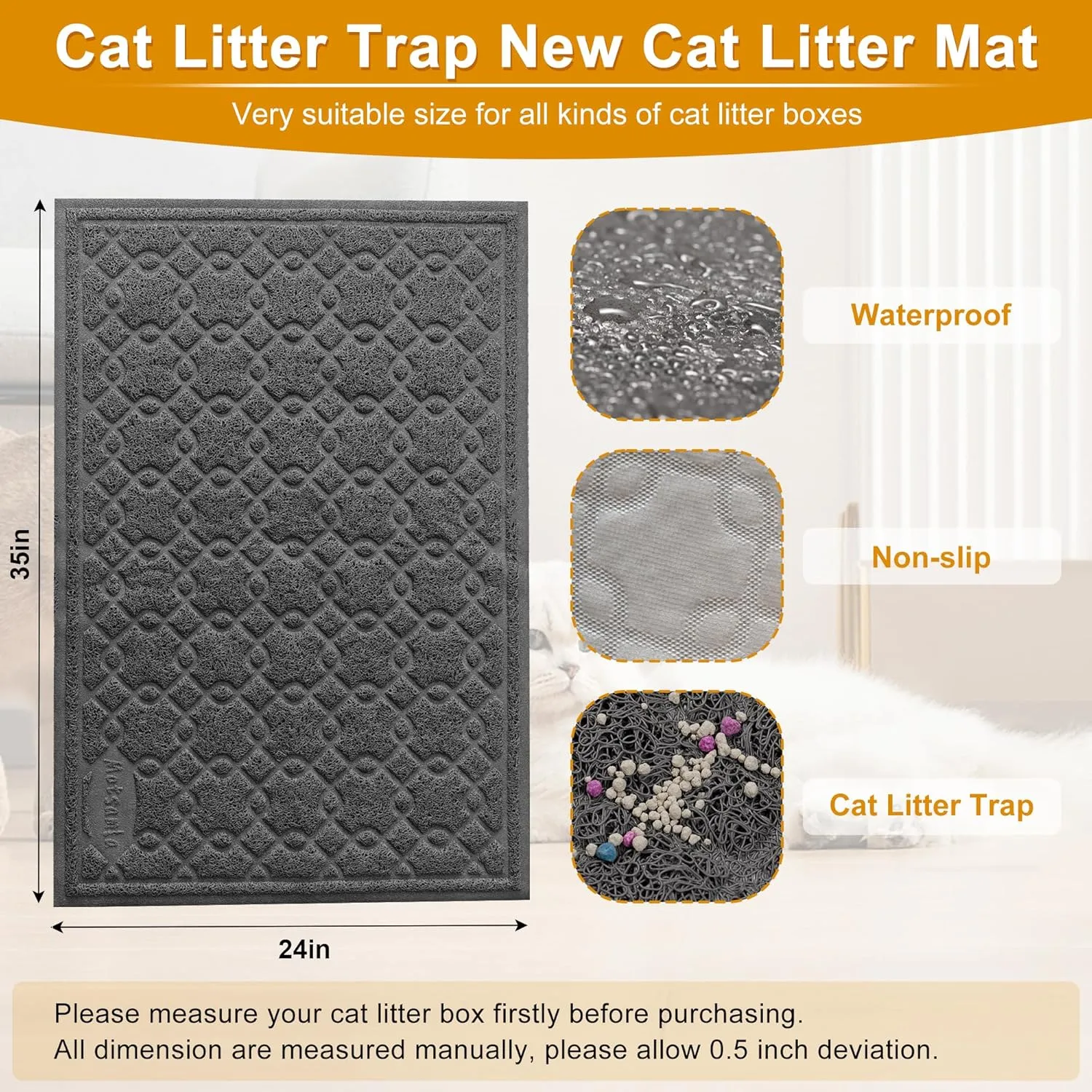 Cat Litter Box Mat, 35" x 24" Large Kitty Litter Trapping Mat Keep Floor Clean, Litter Box Mat Scatter Control, Waterproof, Easy to Clean, Durable Large Size Litter Mats for Floor