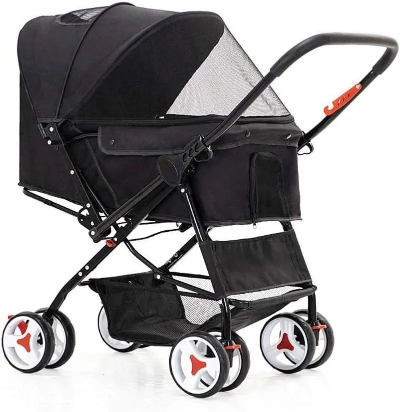 Cat/Dog Stroller Easy One-Hand Fold 4 Wheel Dog Strollers for Medium Small Dogs Reversible Push Handle Pet Stroller Puppy & Kitten Carrier Extended (Black)