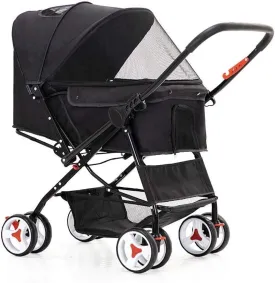 Cat/Dog Stroller Easy One-Hand Fold 4 Wheel Dog Strollers for Medium Small Dogs Reversible Push Handle Pet Stroller Puppy & Kitten Carrier Extended (Black)
