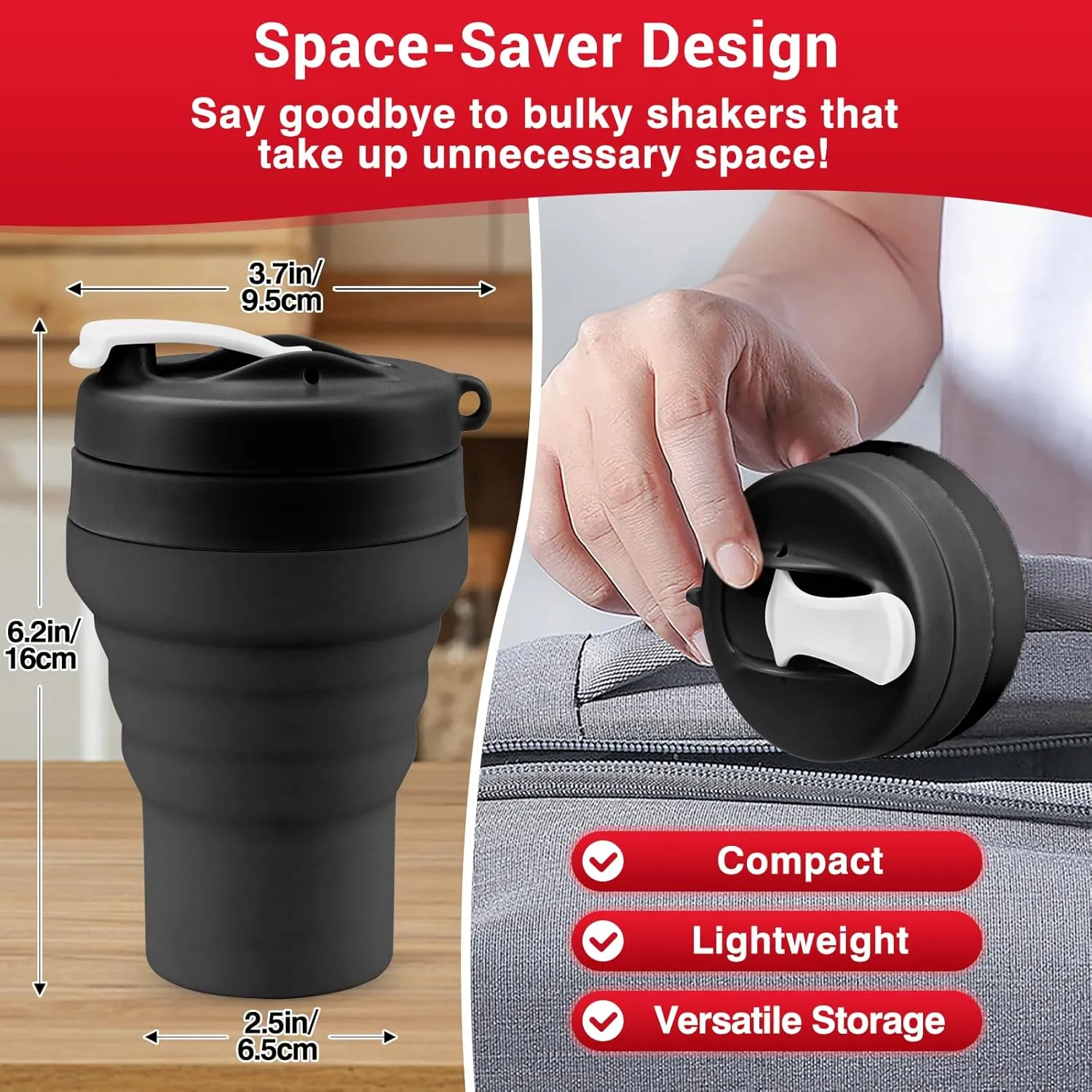 Collapsible Protein Shaker & Water Bottle Food-Grade, Leakproof Lid 600mL/20oz Shaker Cup - Reusable Silicone Shaker Cups for Protein Shakes with Mixing Ball for Gym-goers & Travelers