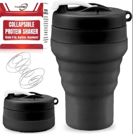 Collapsible Protein Shaker & Water Bottle Food-Grade, Leakproof Lid 600mL/20oz Shaker Cup - Reusable Silicone Shaker Cups for Protein Shakes with Mixing Ball for Gym-goers & Travelers