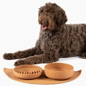 Complete Pet Feeding Set: Slow Feeder & Water Bowl with Spill-Proof Silicone Mat - Ideal for Small to Medium Dogs, Non-Slip, Easy Clean, Raised Edges, Durable Silicone - Terracotta