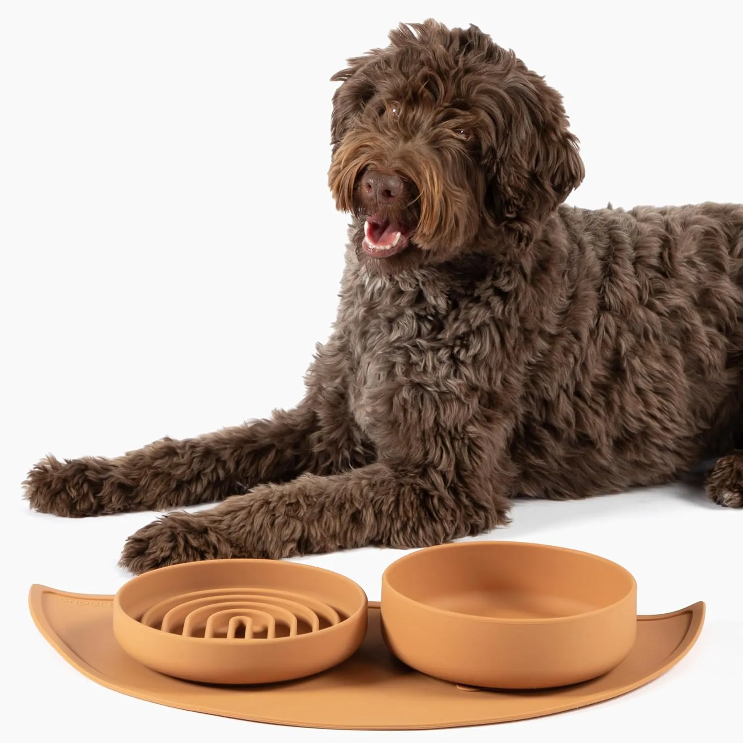 Complete Pet Feeding Set: Slow Feeder & Water Bowl with Spill-Proof Silicone Mat - Ideal for Small to Medium Dogs, Non-Slip, Easy Clean, Raised Edges, Durable Silicone - Terracotta