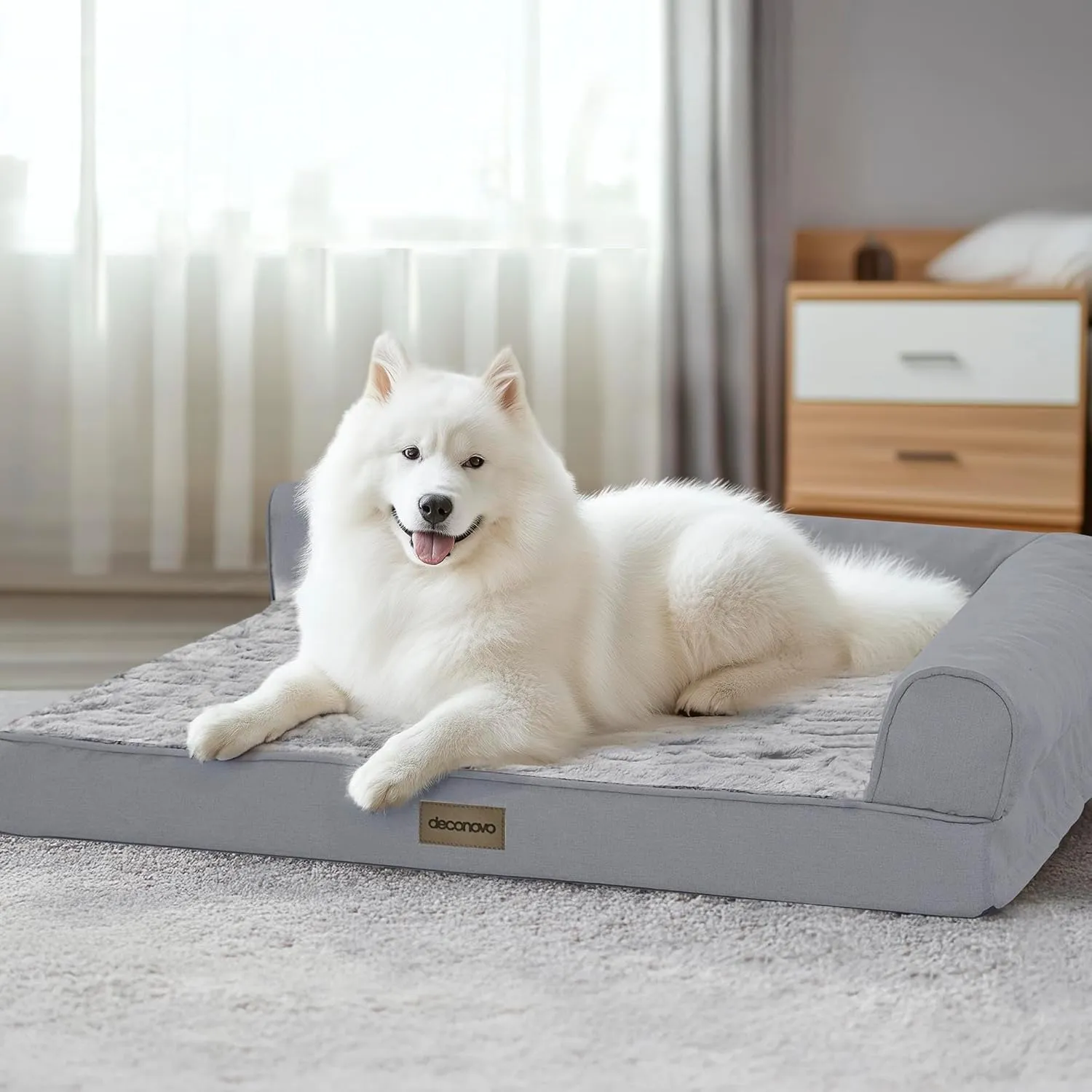 Deconovo Foam Dog Stairs for Small Pets (19.7" H, 4-Step, Ash Gray) Bundle Deconovo PV Velvet and Linen Dog Bed with L-Shape Armrest (30x24x7 Inches,Grey)