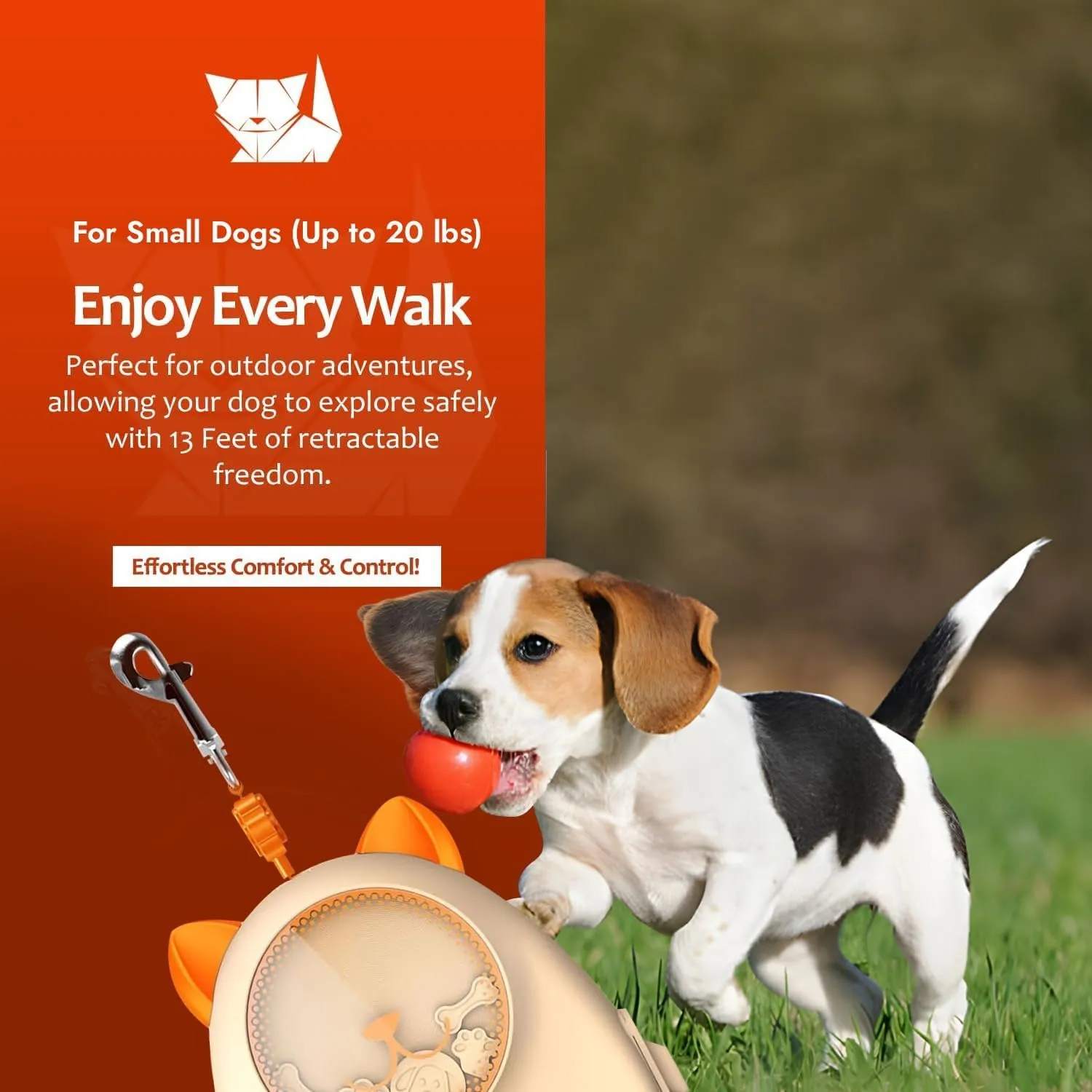 Dog & Cat Retractable Leash, 13ft Strong Nylon Tape with Auto-Locking, Tangle-Free Walking Pet Leash for Small Dogs/Cats Up to 20 lbs, One-Touch Brake, Anti-Slip Handle, PupPlay Design