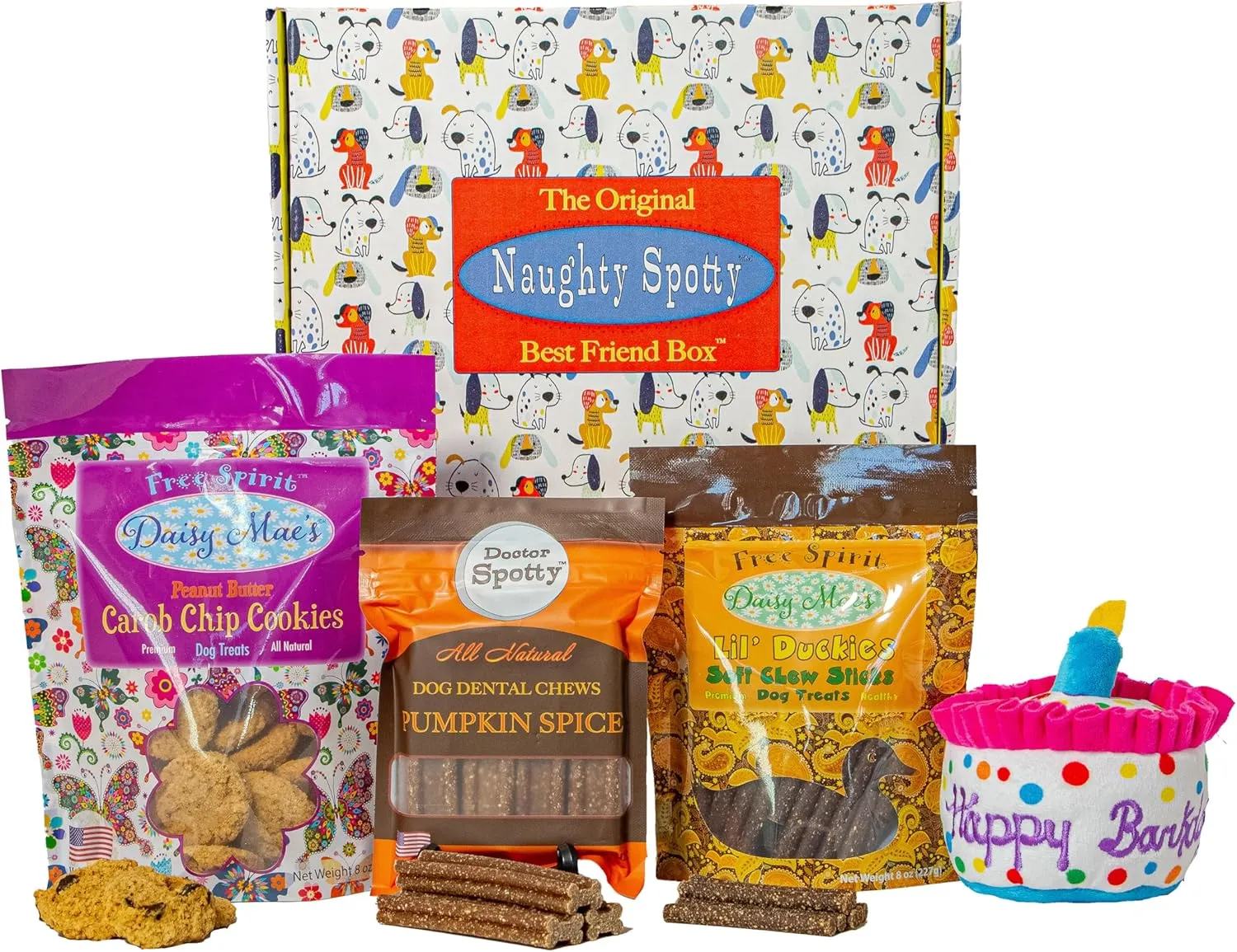 Dog Birthday Gift Treat Box with Happy Barkday Cake Plush Toy, Made in The USA Treats & Chews, for Small Dogs, (Peanut Butter, Pumpkin Spice & Duck Flavors).