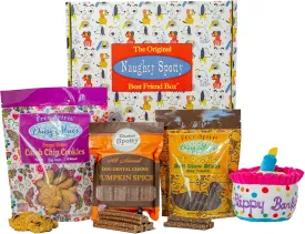 Dog Birthday Gift Treat Box with Happy Barkday Cake Plush Toy, Made in The USA Treats & Chews, for Small Dogs, (Peanut Butter, Pumpkin Spice & Duck Flavors).