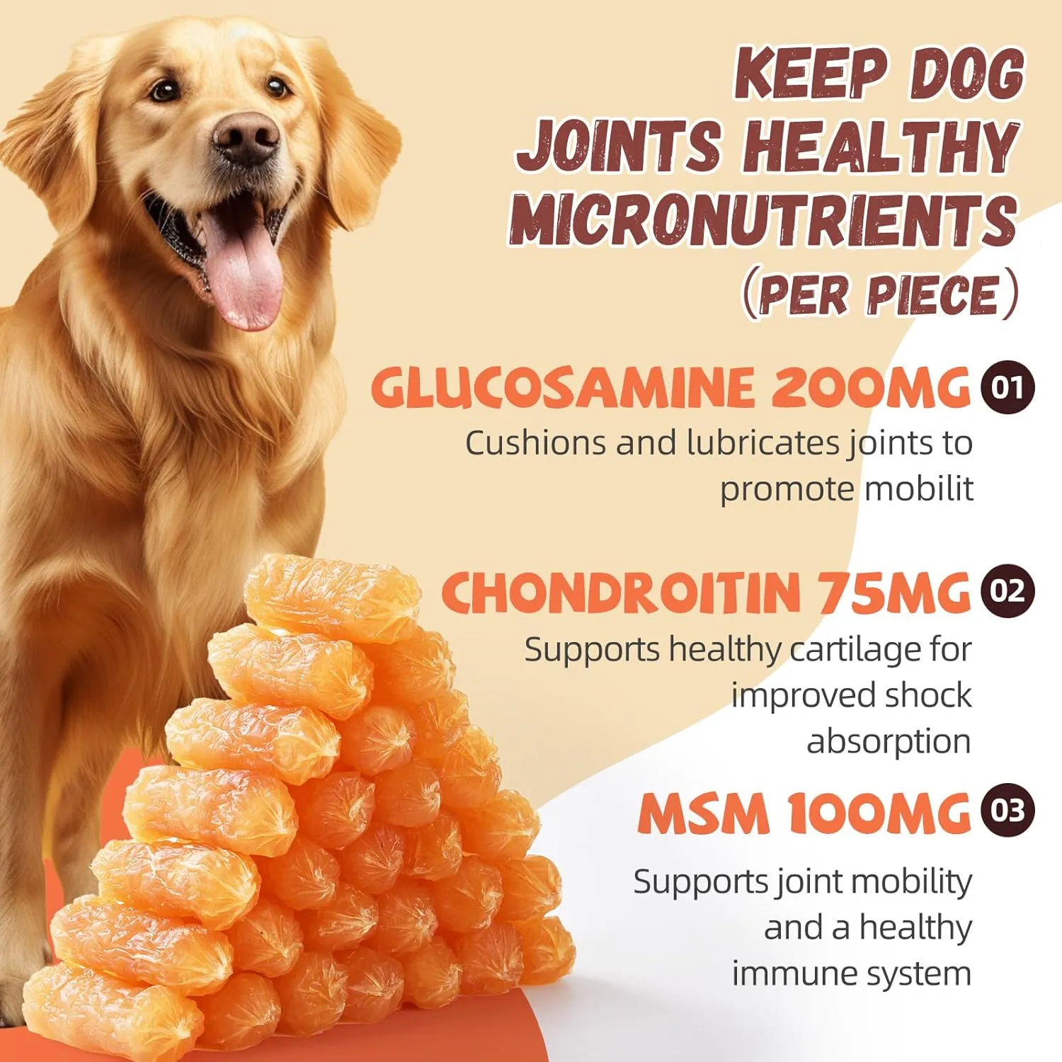 Dog Treats Chicken Sausage, Natural Chicken Jerky Training Treats for Dogs with Glucosamine, Chondroitin, MSM and Taurine, Low Fat Soft Chewy Snacks, 10.58 oz