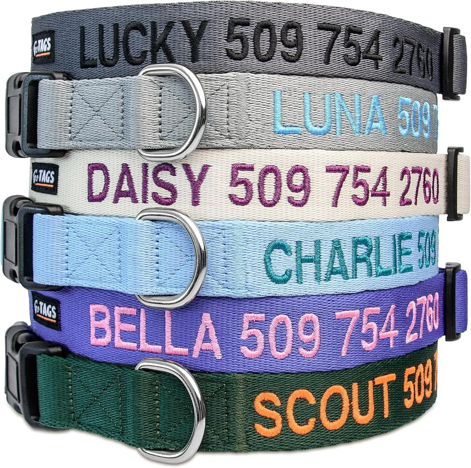GoTags Personalized Dog Collar, Custom Embroidered Pet ID Dog Collar with Pet Name and Phone Number, Adjustable with Quick Release Snap Buckle