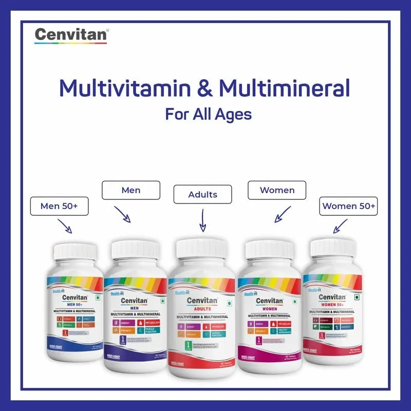 Healthvit Cenvitan Multivitamin for Men - 60 Tablets with 24 Nutrients | Immunity Booster, Energy, Stamina & Recovery | Multivitamin for Men (Pack of 2)
