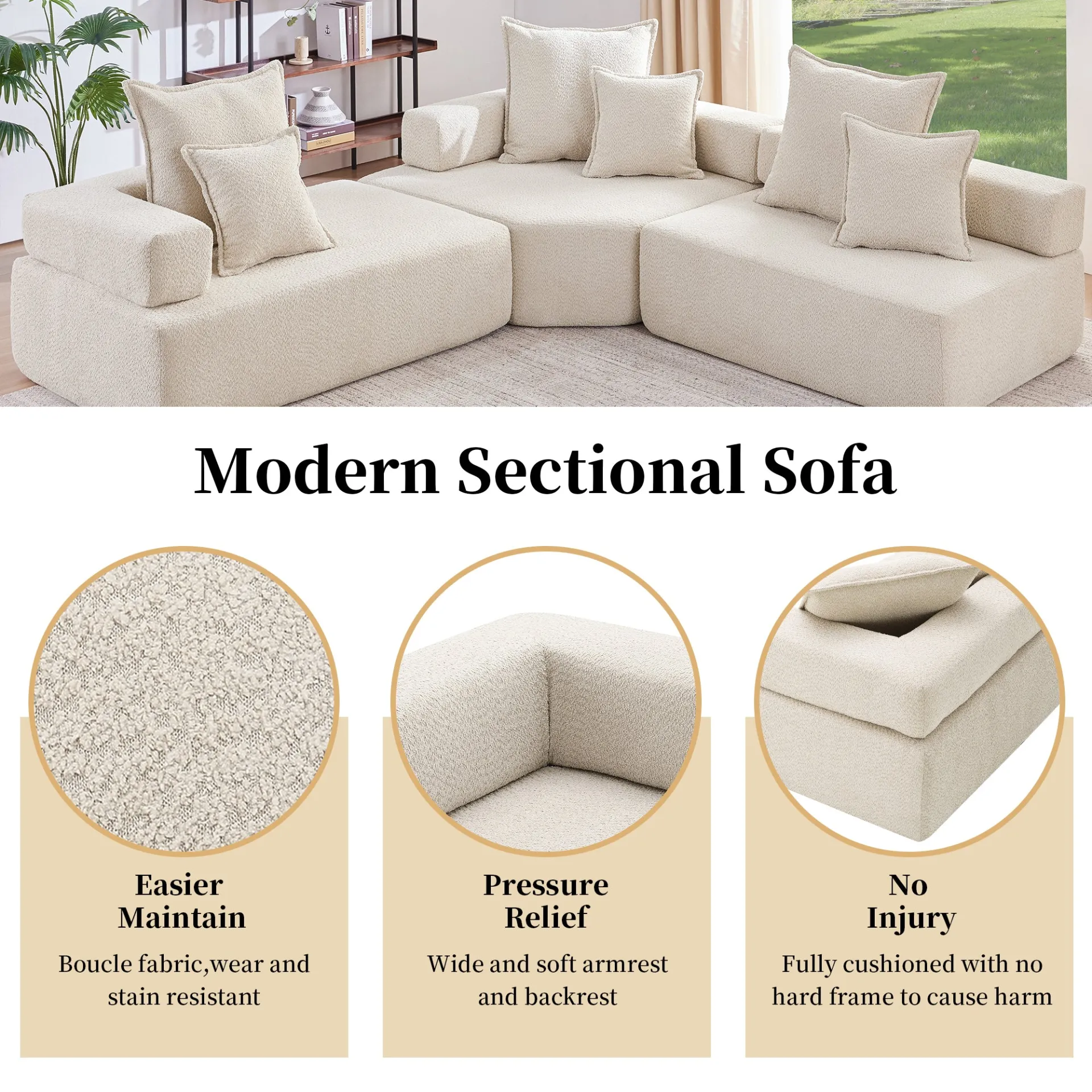 Lueur 3Pc Large Modular L Shaped Sectional Sofa