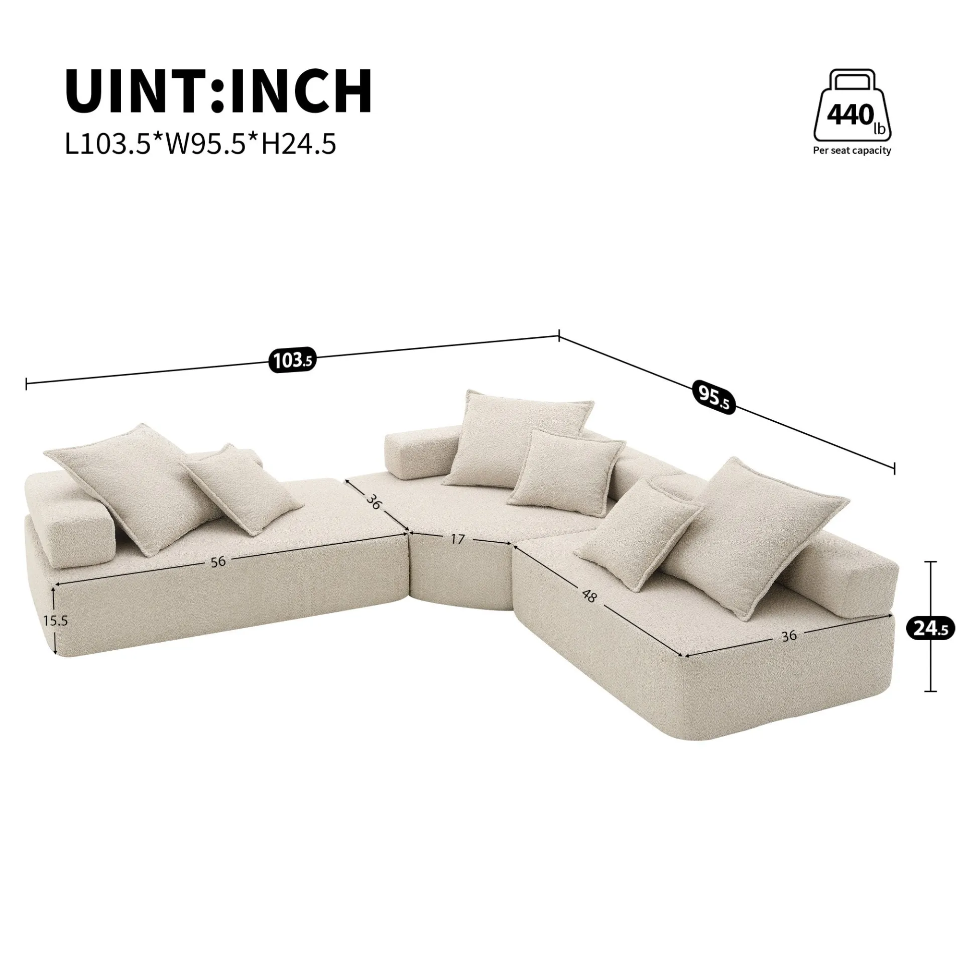 Lueur 3Pc Large Modular L Shaped Sectional Sofa