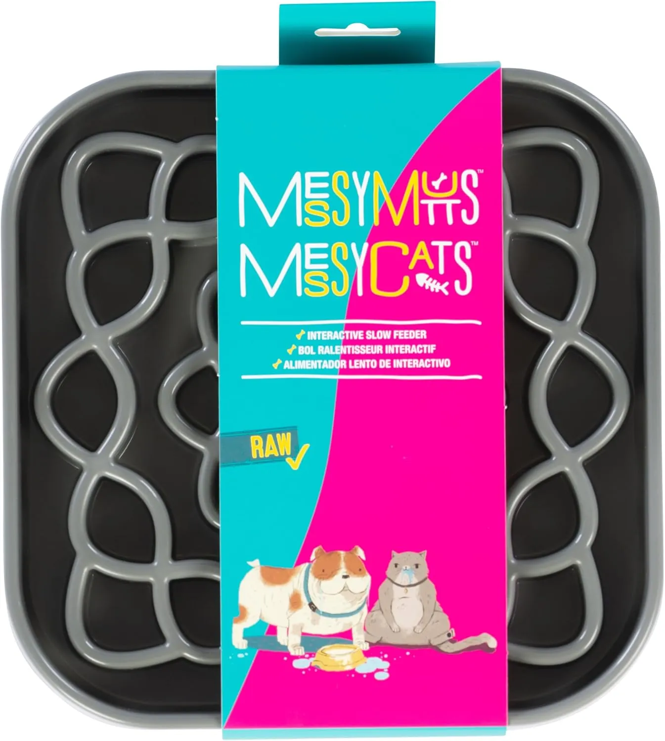 Messy Mutts and Cats Interactive Square Slow Feeder | Cool Grey (2 Cup) | 8 x 8 Square Puzzle Slow Feeder for Dogs/Cats | Enrichment Food Dish for Slow Eating, Bloating
