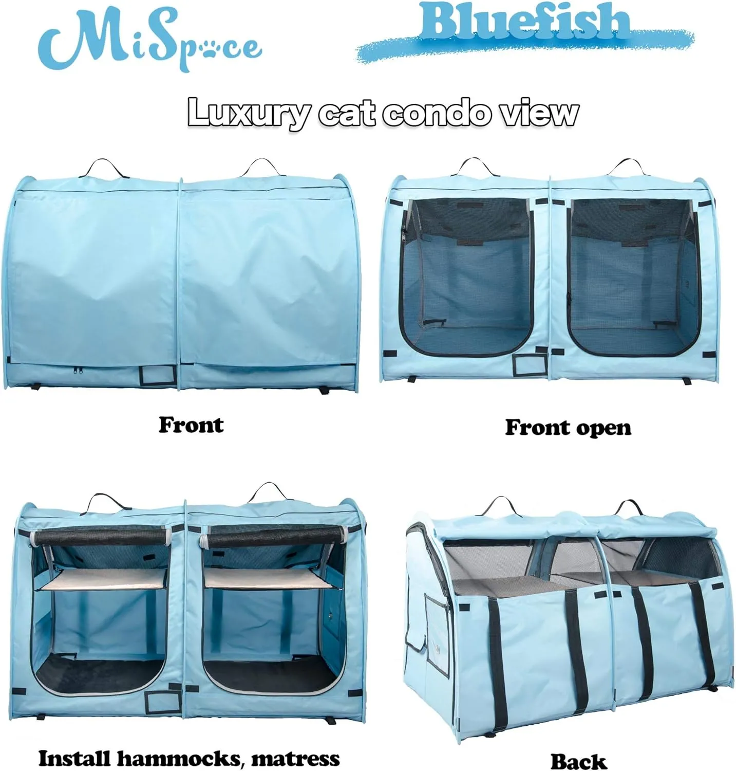 Mispace Portable Twin Compartment Show House Cat Cage/Condo - Easy to Fold & Carry Kennel - Comfy Puppy Home & Dog Travel Crate with Portable Carry Bag/Two Hammocks/Mats and Collapsible Litter Box