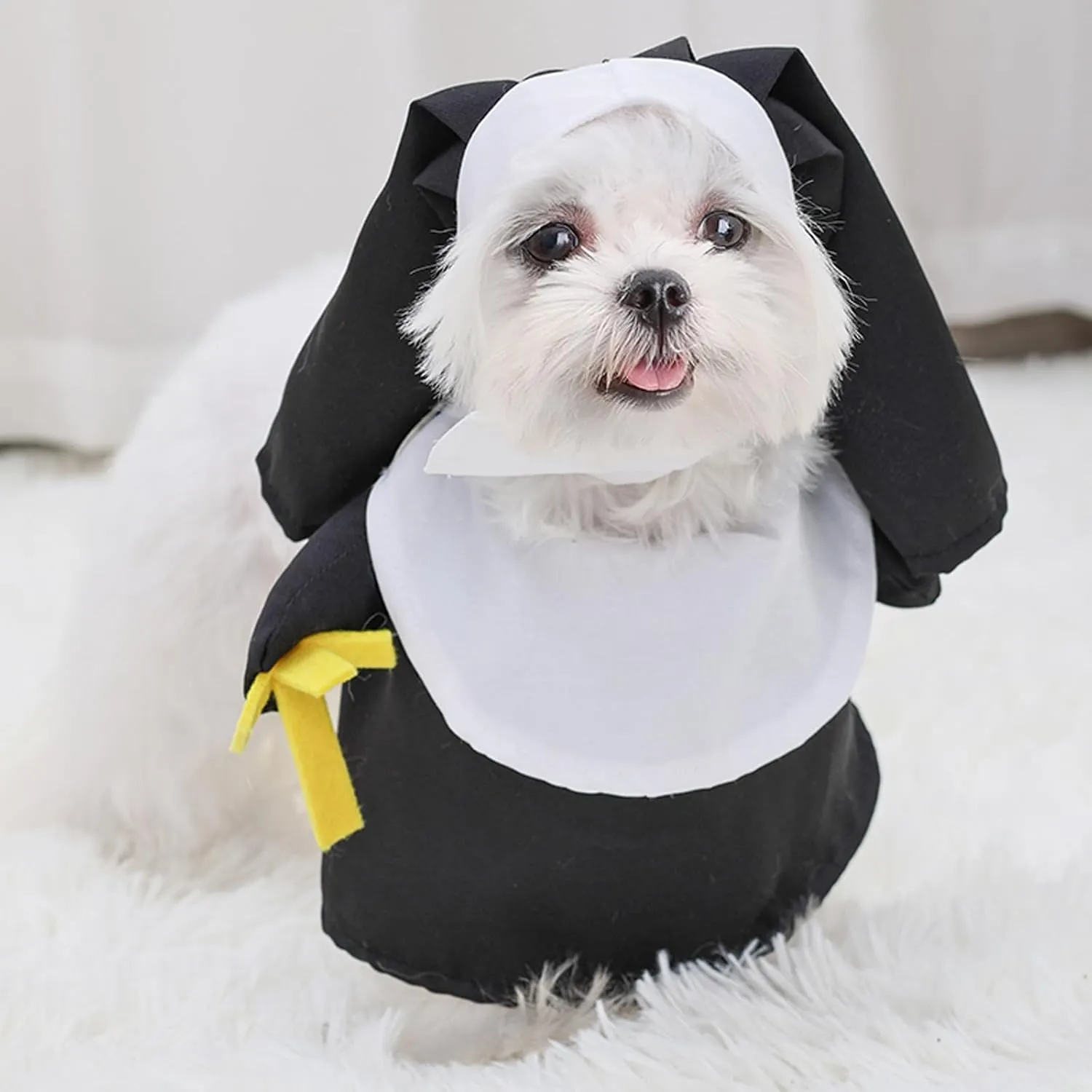 Nun Dog Costume - Funny Halloween Dog Costume, Pet Costume Set Thick Elastic Adjustment Three-Dimensional Modeling Nun Style Contrast Color Dress Up Cosplay Halloween Dog Transform Clothes