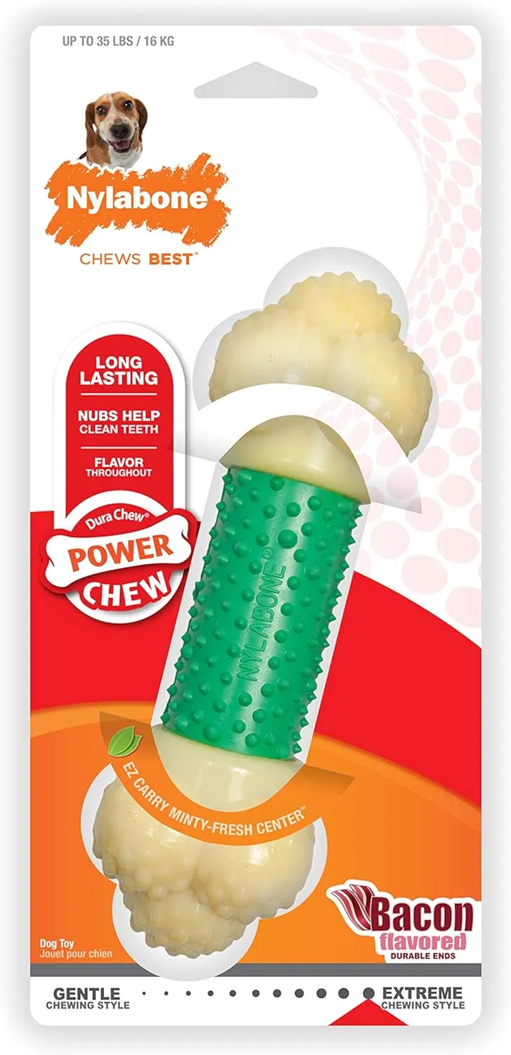 Nylabone Double Action Bone Power Chew Toy for Dogs, Rubber Dog Toys for Moderate & Aggressive Chewers, Bacon Flavor, Medium - Up to 35 lbs, 1 Count
