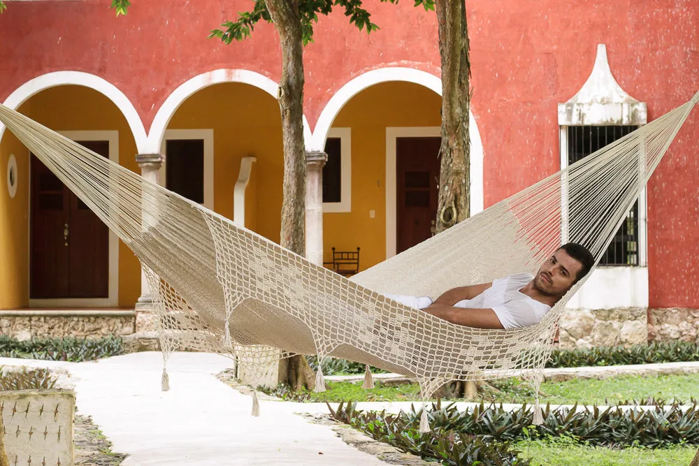 Outdoor undercover cotton Mayan Legacy hammock with hand crocheted tassels Queen Size Marble Colour