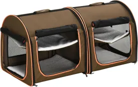PawHut 39" Portable Soft-Sided Cat Carrier, Cat Kennel, Travel Dog Crate with Divider, Two Compartments, Soft Cushions & Storage Bag, Easy to Fold, Brown