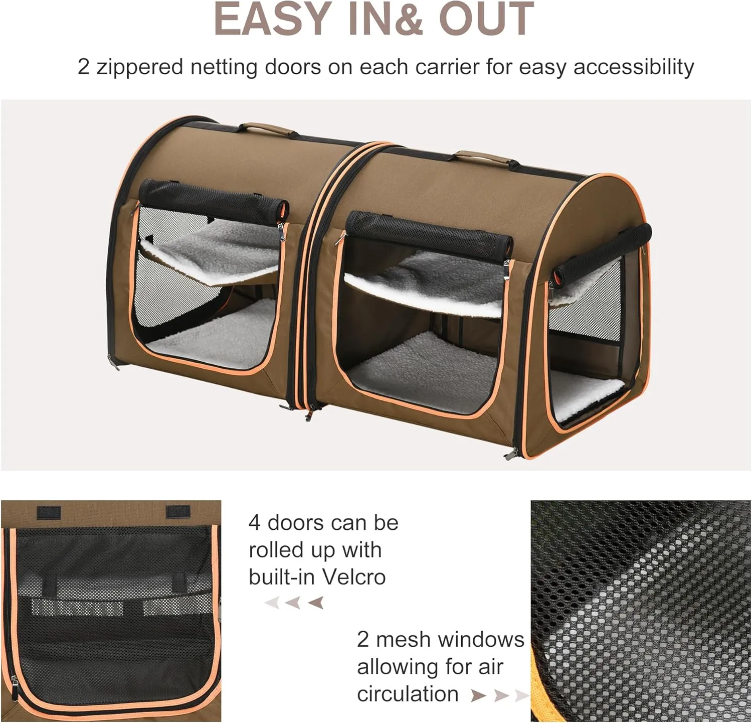 PawHut 39" Portable Soft-Sided Cat Carrier, Cat Kennel, Travel Dog Crate with Divider, Two Compartments, Soft Cushions & Storage Bag, Easy to Fold, Brown