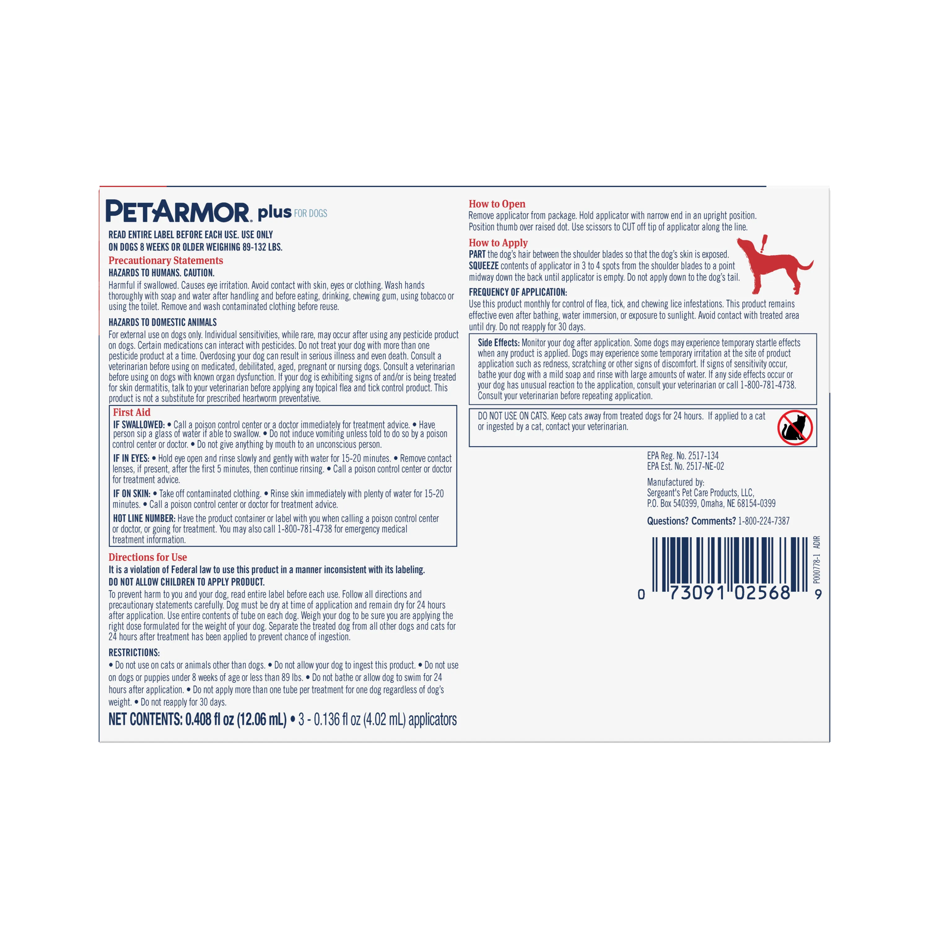 PetArmor Plus Flea & Tick Topical Dog 89-132LB 3CT