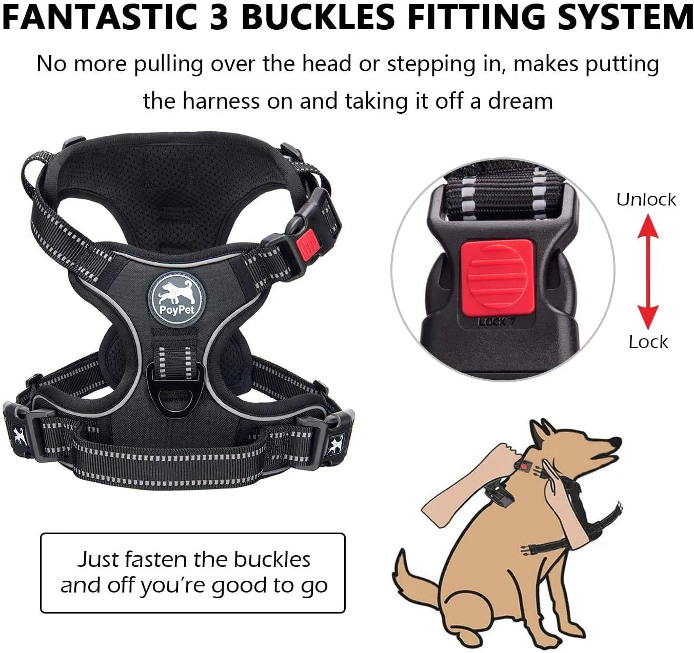 PoyPet Dog Harness and Leash Combo, Escape Proof No Pull Vest Harness, with 5 Feet Leash, Reflective Adjustable Soft Padded Pet Harness with Handle for Small to Large Dogs(Black,M)