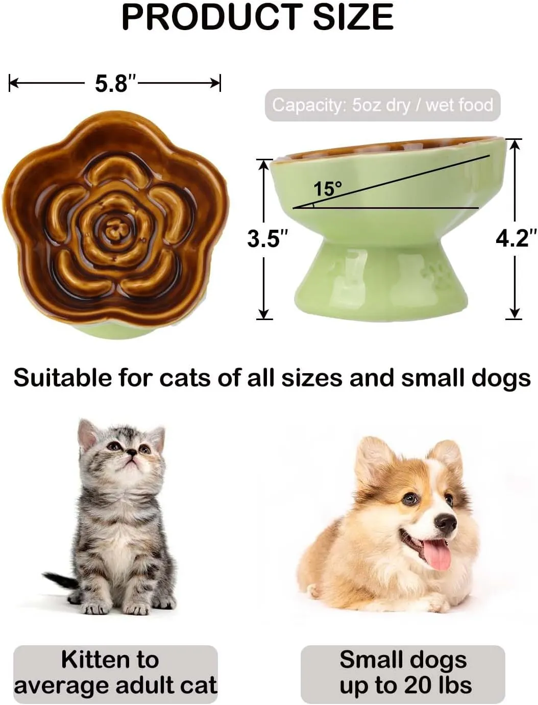 Raised Cat Slow Feeder Bow, Ceramic Raised Pet Dishes, No Black Chin, Flower Shaped, for Dry and Wet Food, Non-Slip, Dishwasher Microwave Safe (Caramel)