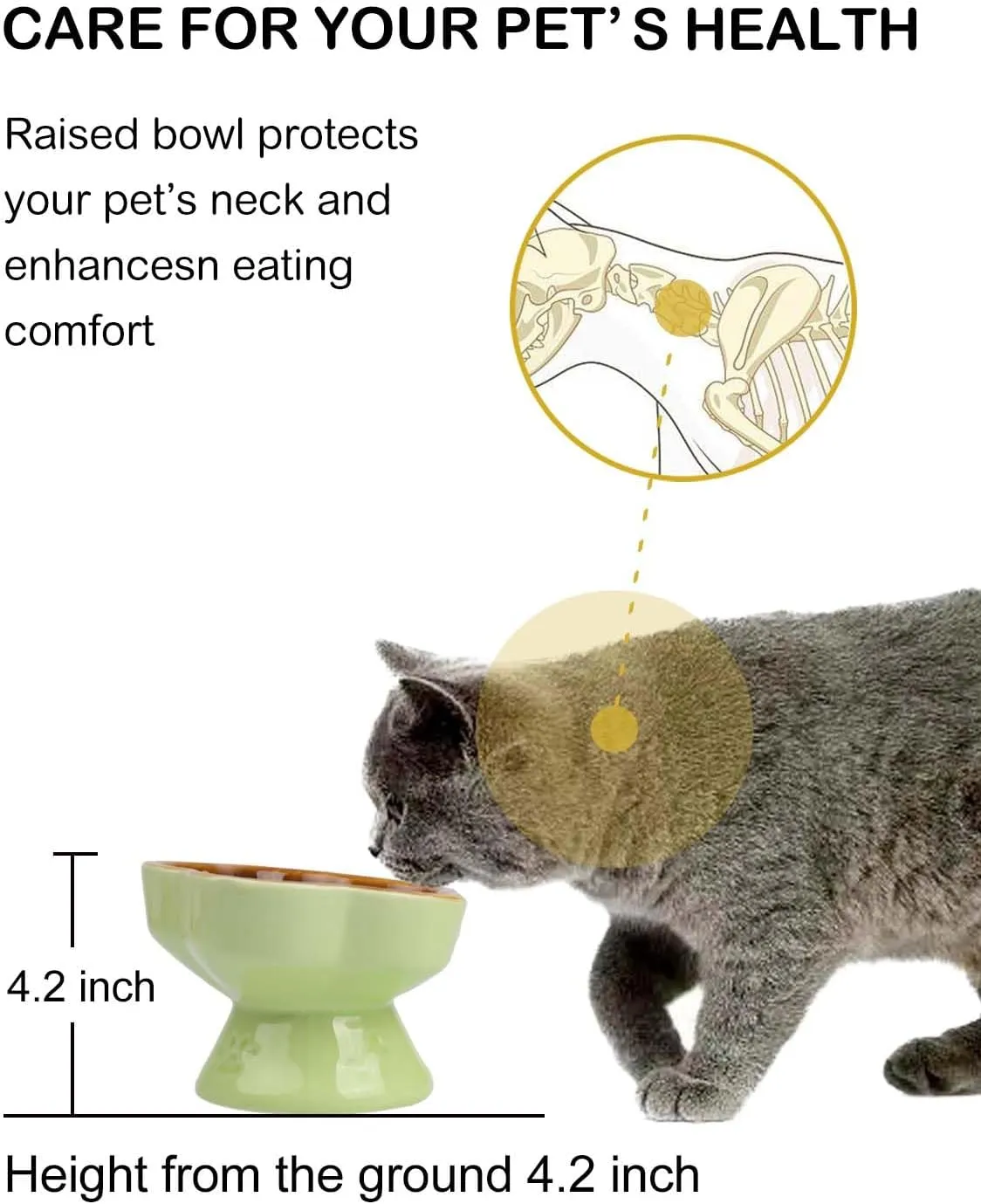 Raised Cat Slow Feeder Bow, Ceramic Raised Pet Dishes, No Black Chin, Flower Shaped, for Dry and Wet Food, Non-Slip, Dishwasher Microwave Safe (Caramel)