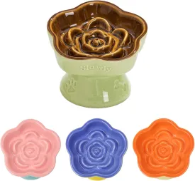 Raised Cat Slow Feeder Bow, Ceramic Raised Pet Dishes, No Black Chin, Flower Shaped, for Dry and Wet Food, Non-Slip, Dishwasher Microwave Safe (Caramel)