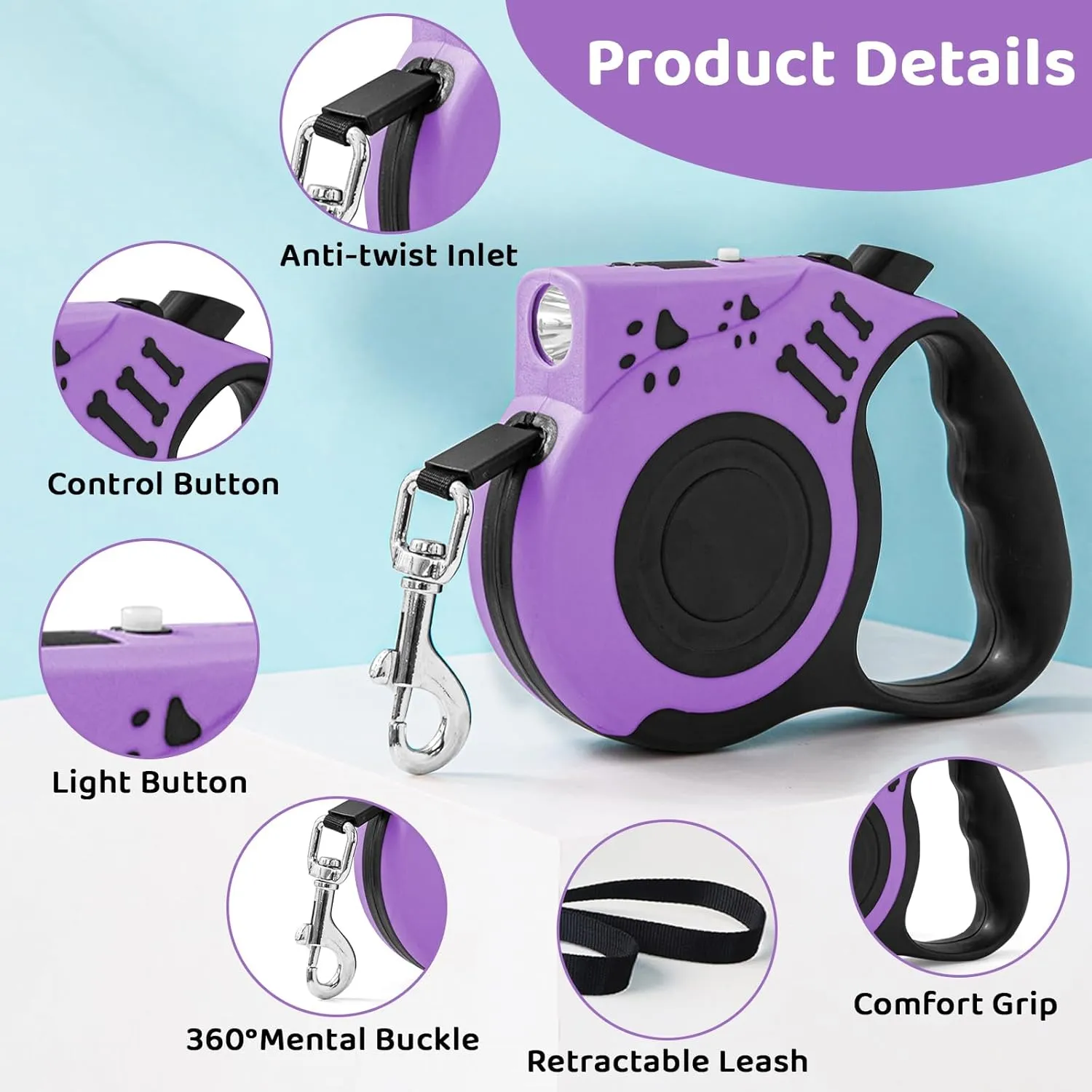 Retractable Dog Leash with USB Rechargeable Flashlight for Night Walks, 16FT Automatic Telescopic Tractor Dog Leash for Small and Medium Dogs, Purple