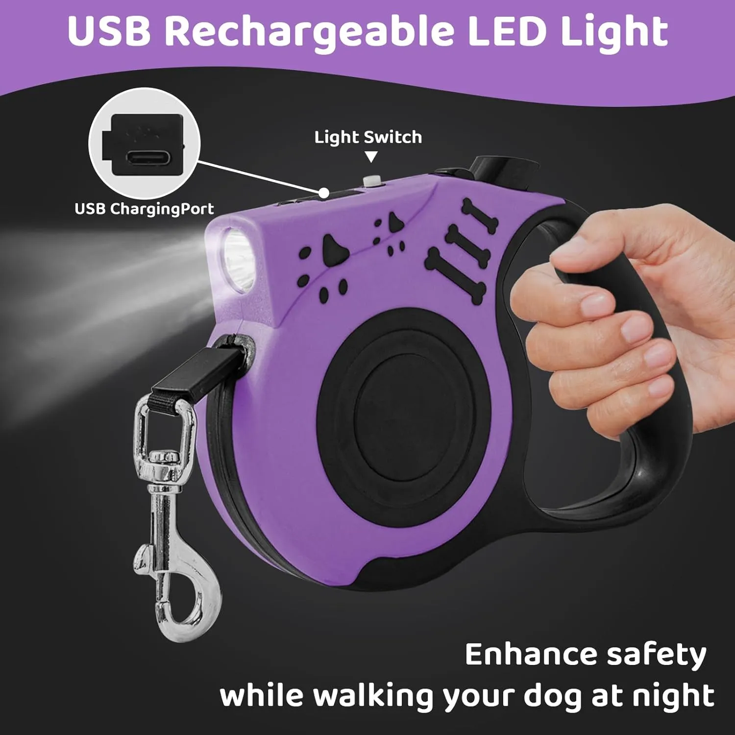 Retractable Dog Leash with USB Rechargeable Flashlight for Night Walks, 16FT Automatic Telescopic Tractor Dog Leash for Small and Medium Dogs, Purple