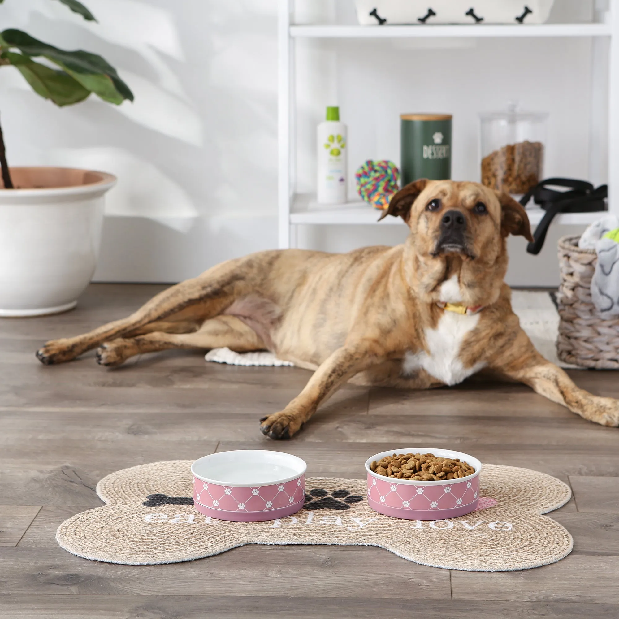 Rose Trellis Paw Print Pet Bowl Set/2, Medium - 1.5 C. Capacity
