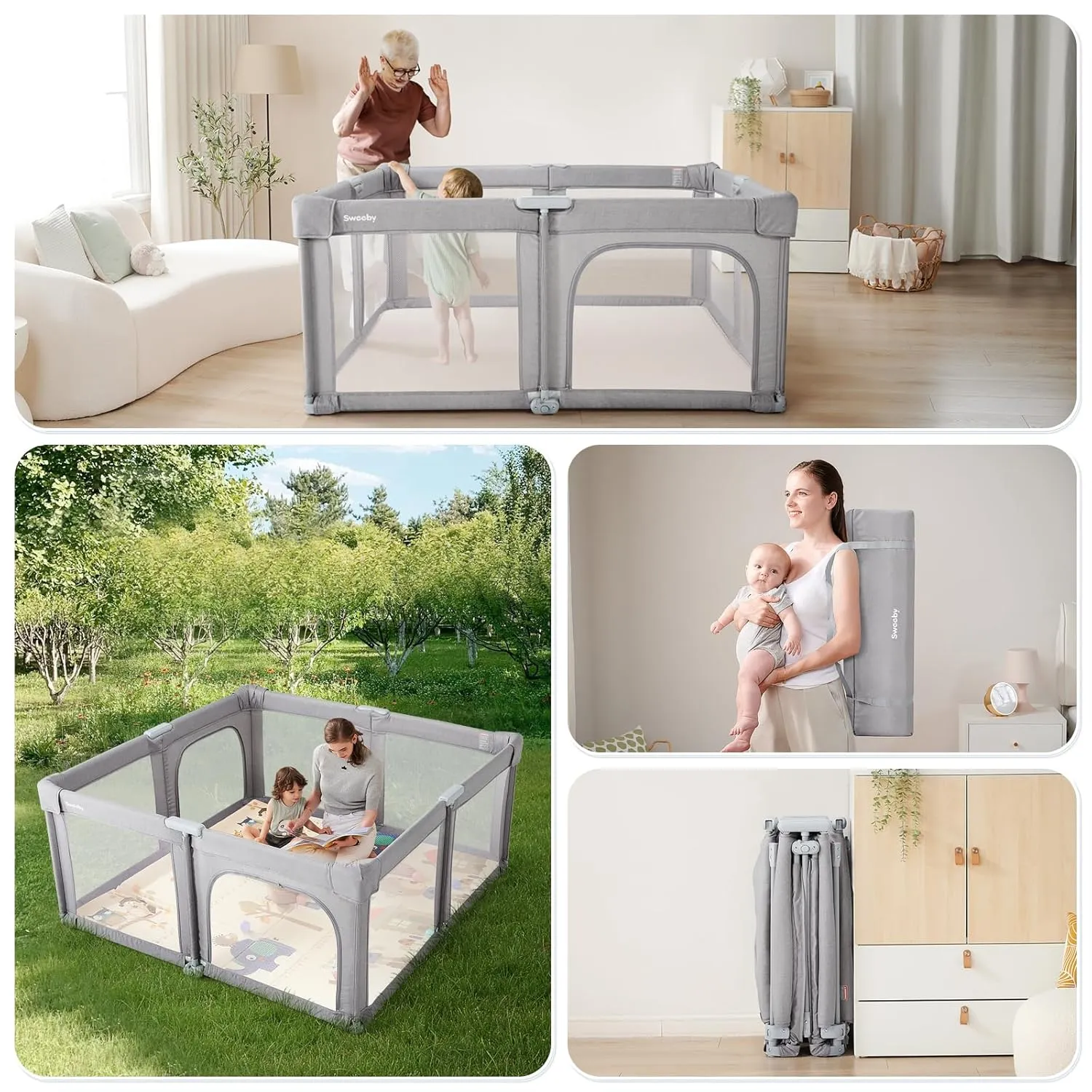 Sweeby Baby Playpen, 59x59 Inch Gate Foldable for Babies and Toddlers, Extra Large With Door Play Yard for Fence Indoor and Outdoor, Gray