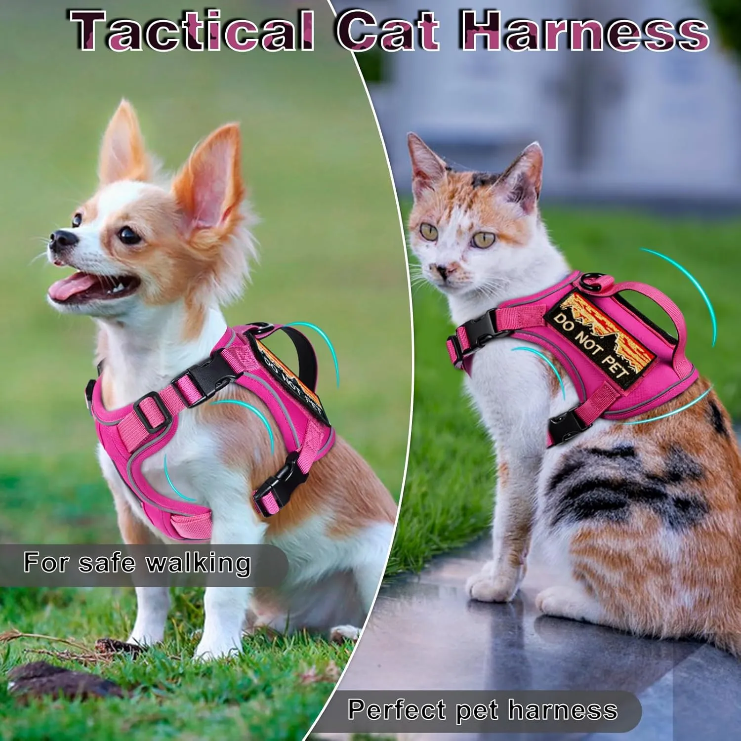Tactical Cat Harness for Walking, Adjustable Escape Proof Pet Vest for Large Cat,Easy Control Breathable Cat Vest with HandleMolle Patches (Pink, L)