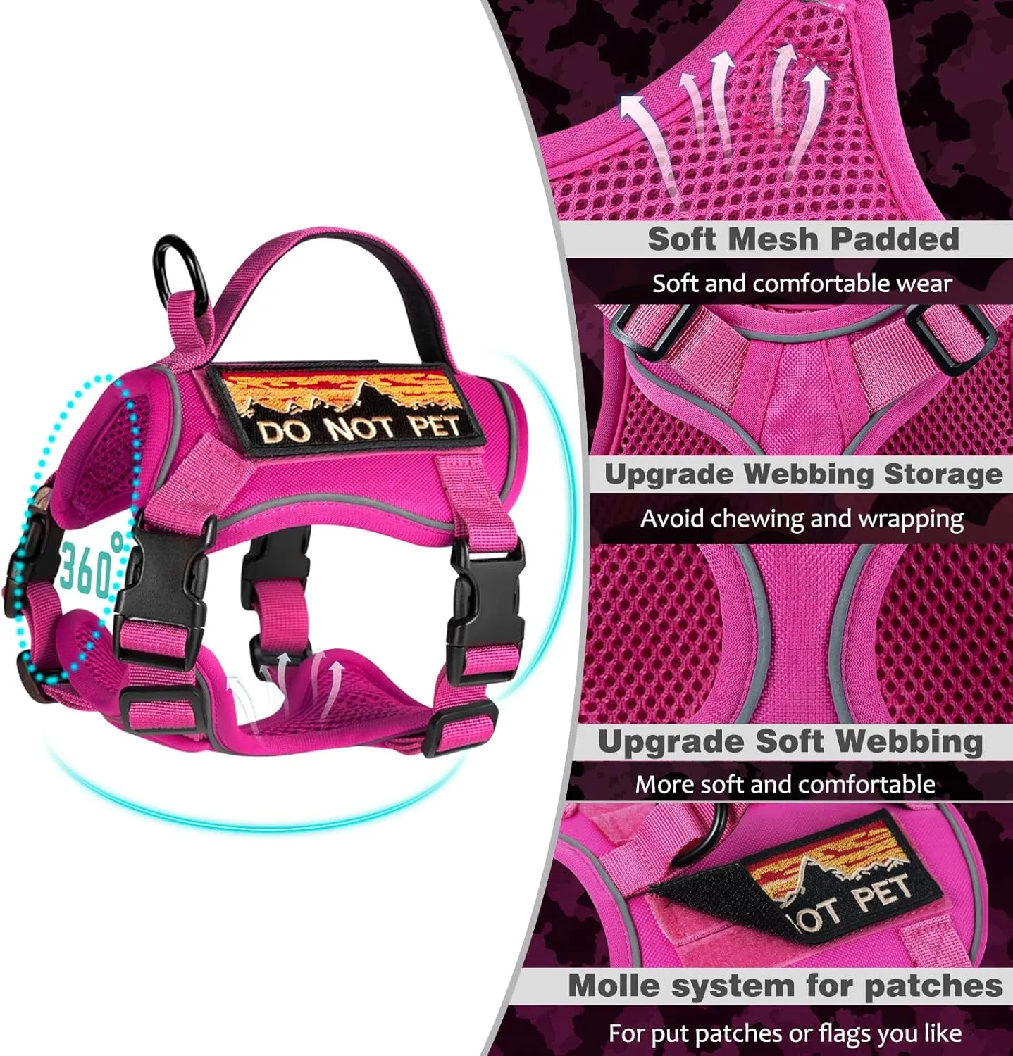 Tactical Cat Harness for Walking, Adjustable Escape Proof Pet Vest for Large Cat,Easy Control Breathable Cat Vest with HandleMolle Patches (Pink, L)