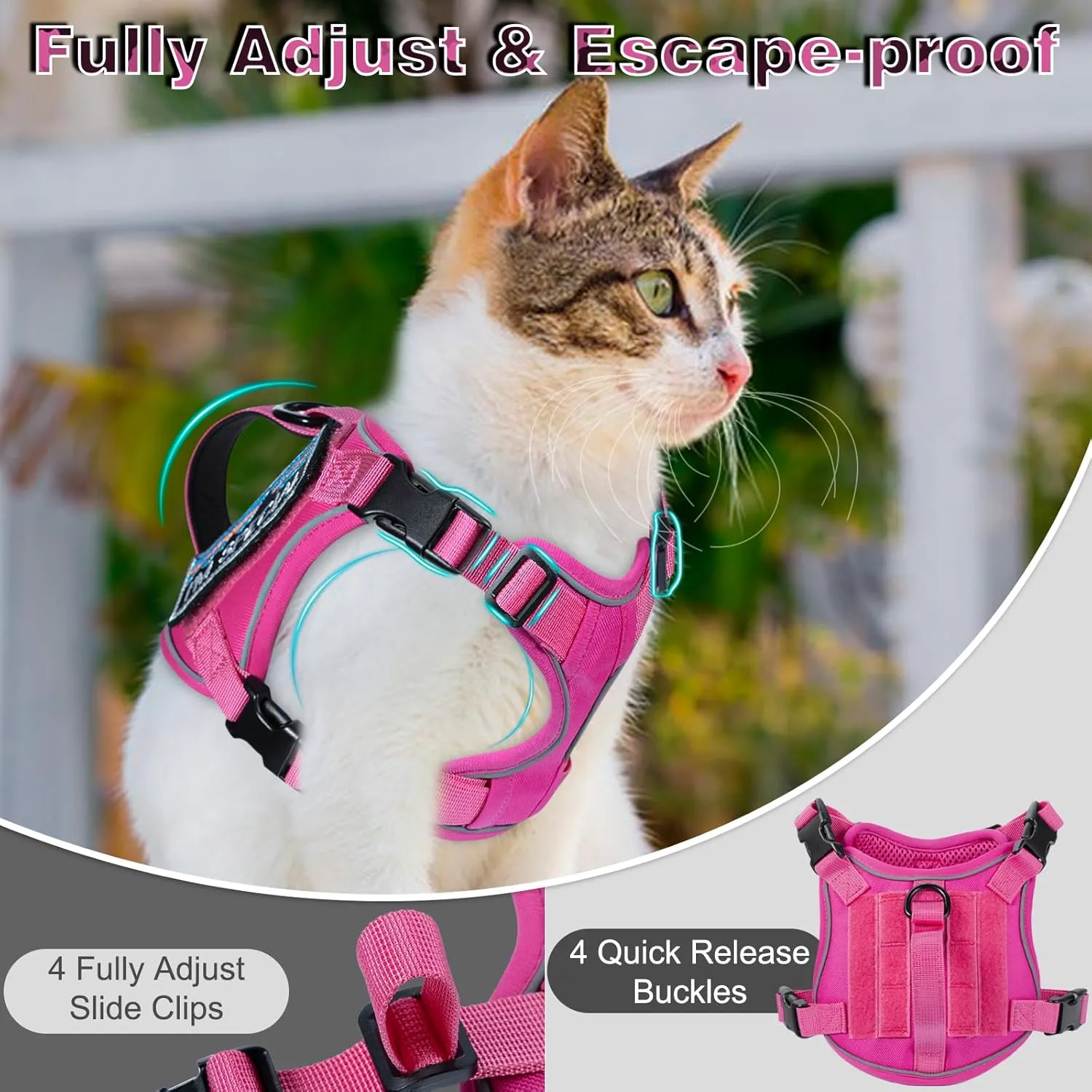 Tactical Cat Harness for Walking, Adjustable Escape Proof Pet Vest for Large Cat,Easy Control Breathable Cat Vest with HandleMolle Patches (Pink, L)